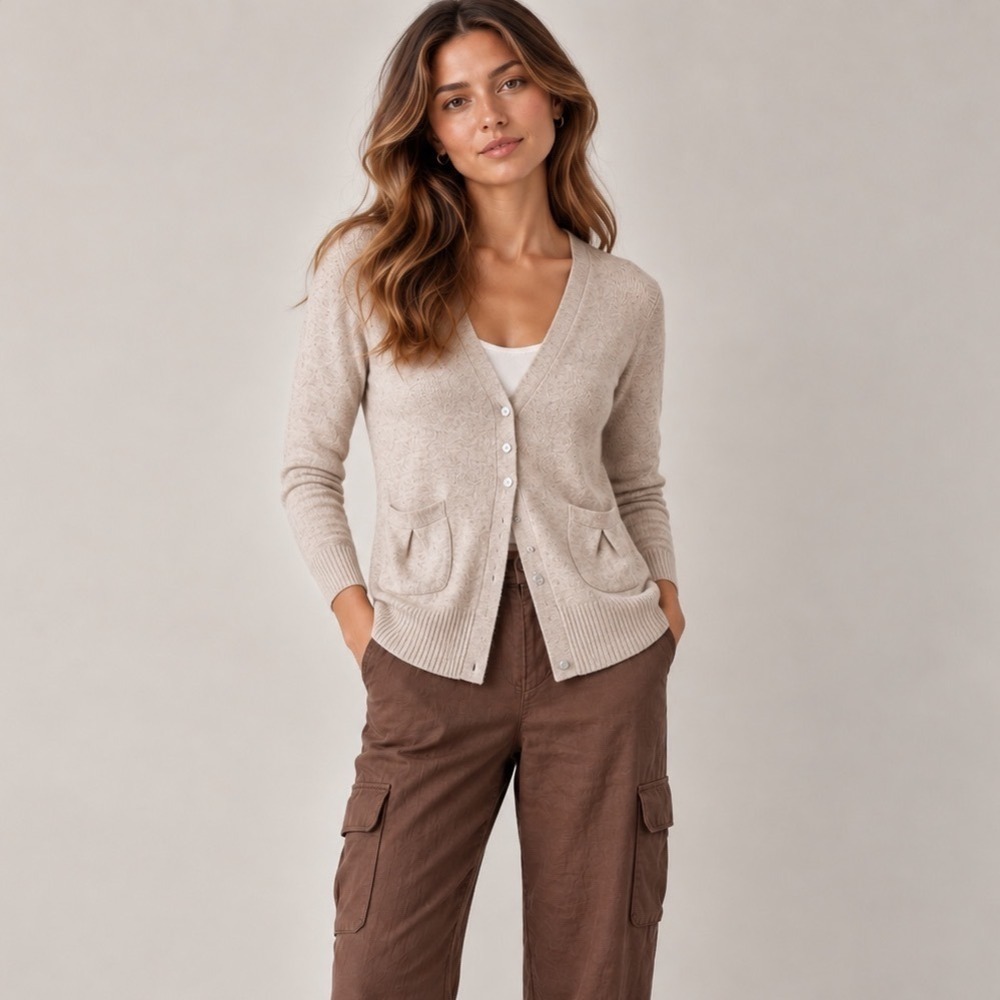 TCEC Womens Y2K Cardigan Sweater Beige V Neck Button Front Pockets Size L